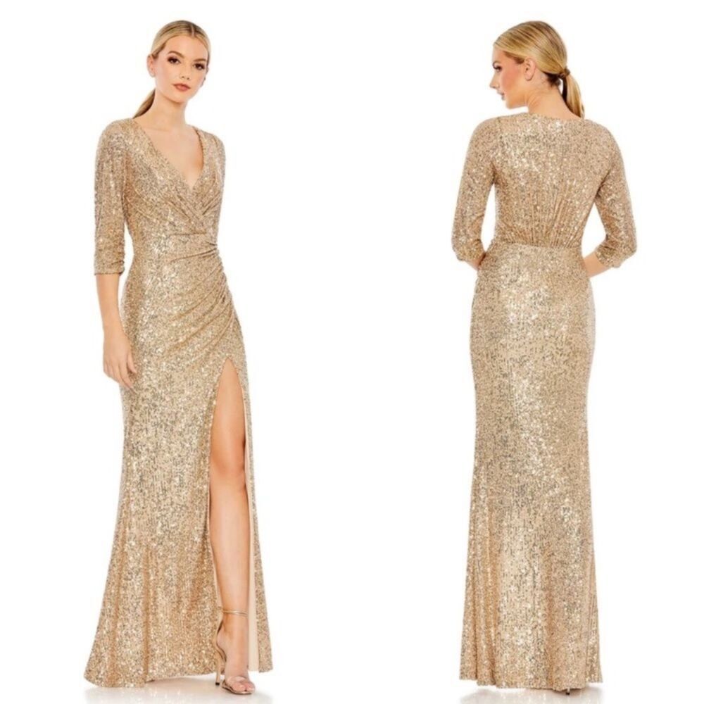 Mac Duggal 42015 Gold Sequined Draped 3/4 Sleeve Gown size 6 NWT
